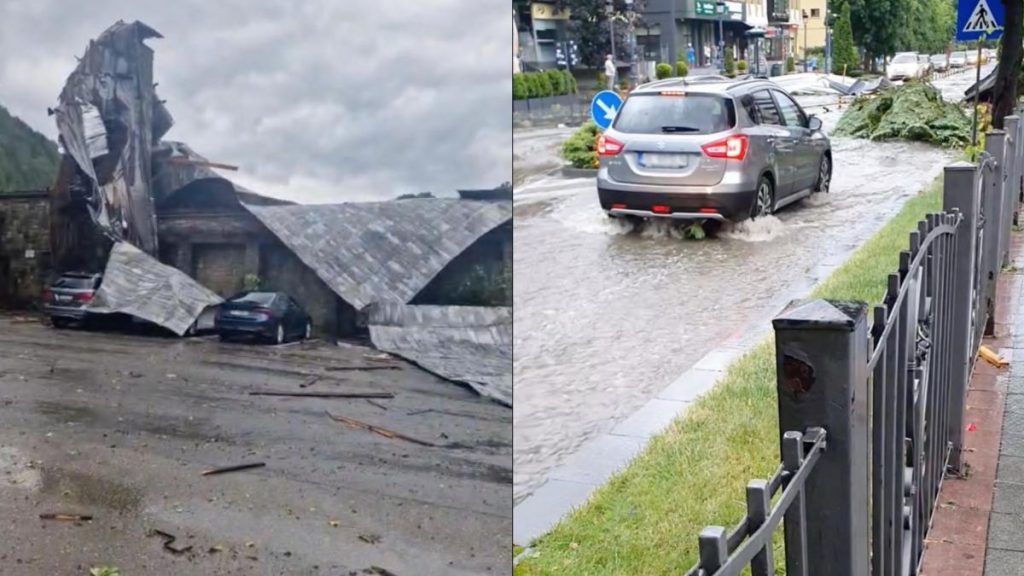 Sfarsitul lumii in Sinaia Gara distrusa de vijelie copaci rupi pe strazi