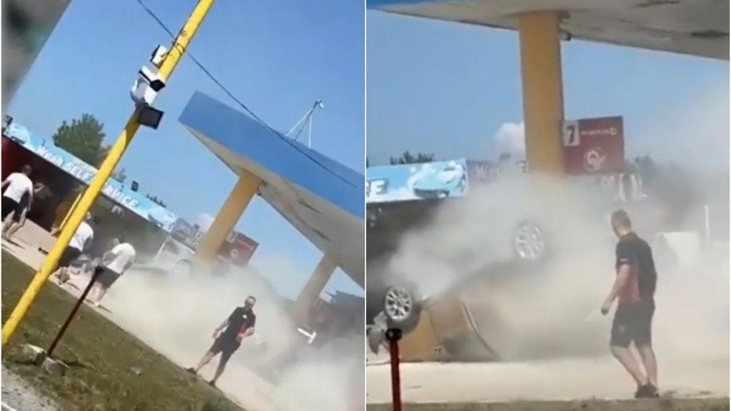 Un barbat a aterizat cu masina peste o benzinarie