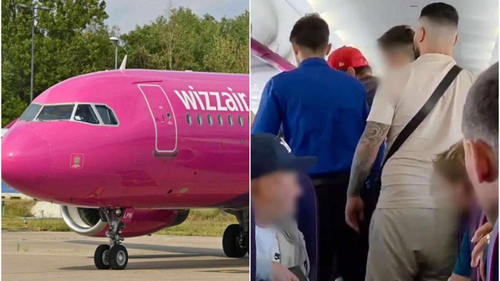 Imagini cu barbatul agresiv imobilizat pe Wizz Air