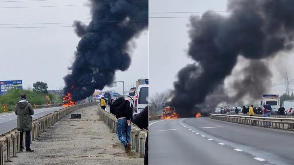 Incendiu pe Autostrada A1 Un TIR plin cu parchet a ars